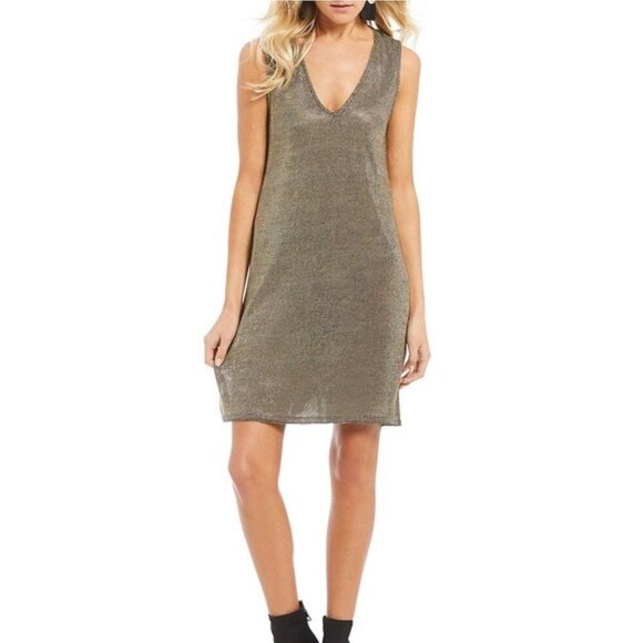 FRENCH CONNECTION GOLD CHAIN FAUX CHAIN MAIL METALLIC SHEATH DRESS 0 NYE - Picture 1 of 13